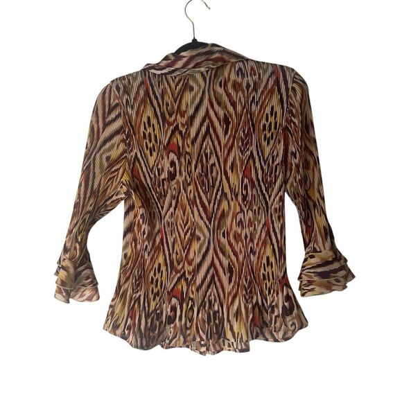 Essentials Milano PM Ikat Retro Trippy Hippie Long Sleeve Flutter Button Blouse‎ - Picture 7 of 9